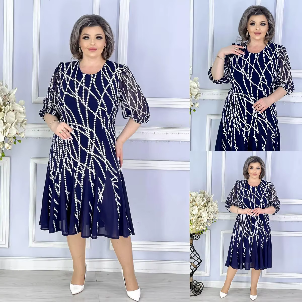 Robe à imprimé floral pour femmes, jupe mi-longue en forme de A, tissu en polyester, col rond, manch