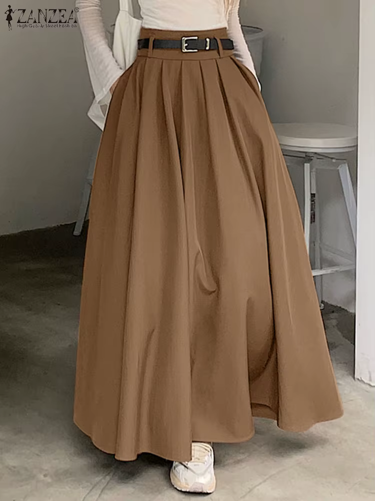 ZANZEA-Jupe balançoire plissée taille haute pour femme, jupe maxi monochrome, mode coréenne, vintage