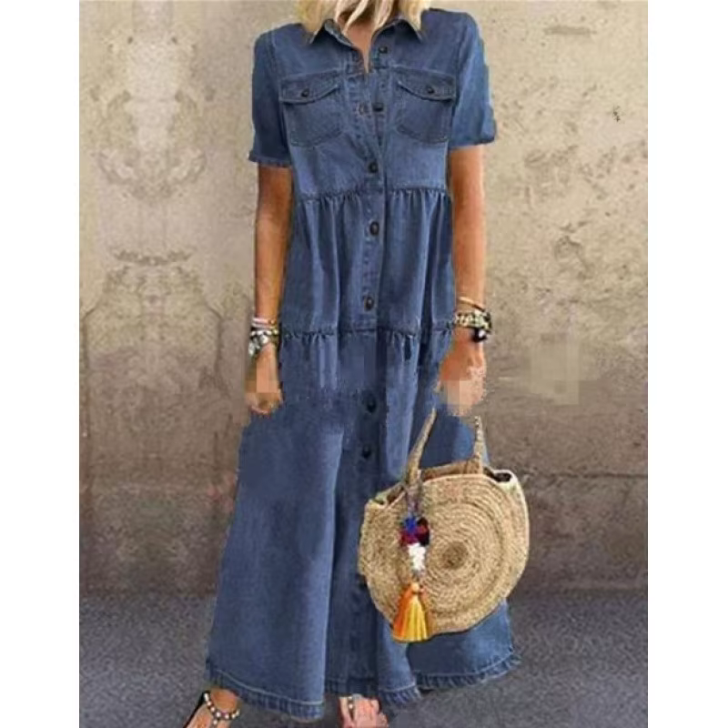 Robe longue en jean vintage, boutonnage simple, manches courtes, col rabattu, jupe midi évasée, styl
