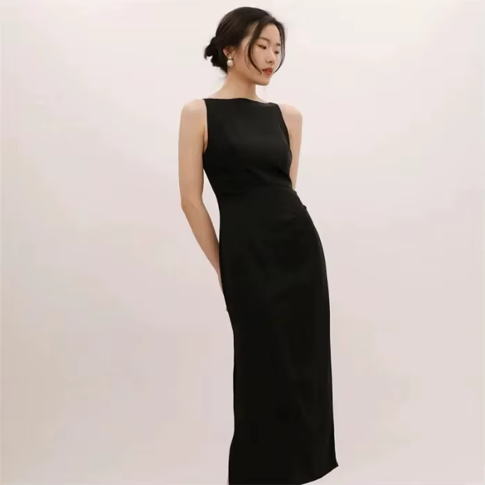 Robe longue élégante style Hepburn, robe amincissante à une épaule, taille plissée cintrée, robe max
