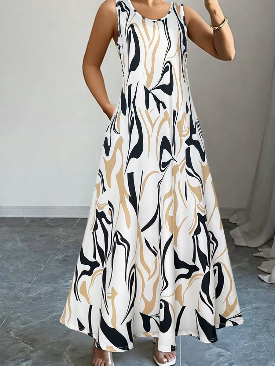 Robe longue sans manches à imprimé abstrait fluide pour femme, robe d'été décontractée à col rond et