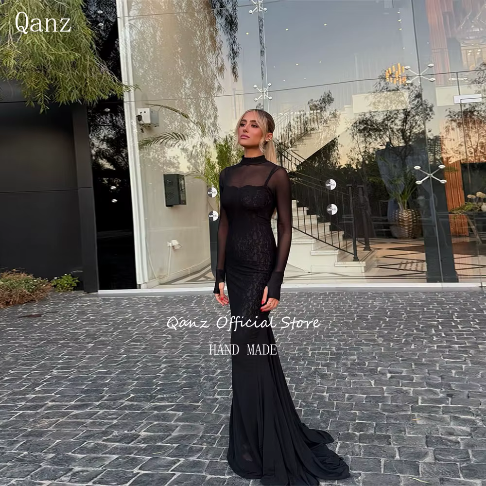 Qanz – robe de soirée en dentelle noire modeste, manches longues transparentes, robe de bal sirène é