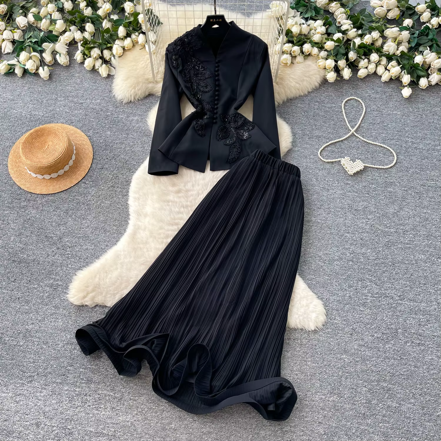 Ensemble 2 Pièces Jupes et Manteau Plissé pour Femme, Tenue de Fête Musulmane, Ensemble Brodé pour R