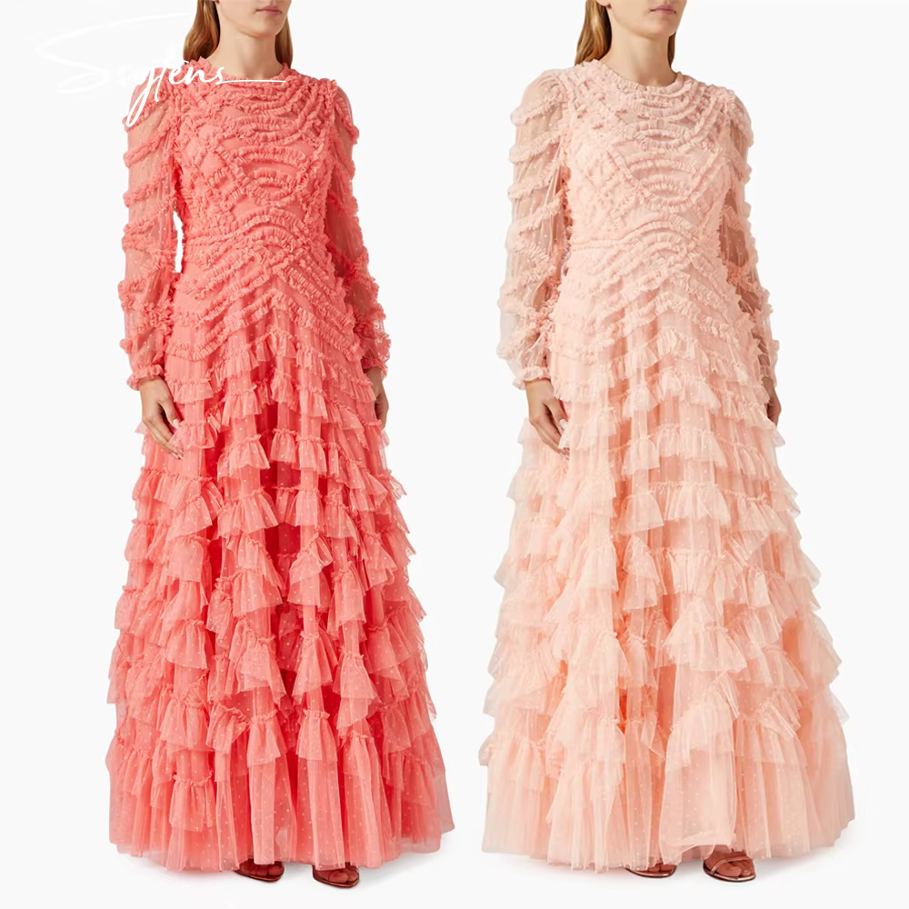 Robe de soirée à pois roses, manches longues, volants à plusieurs niveaux, ligne A, manches cape, ro