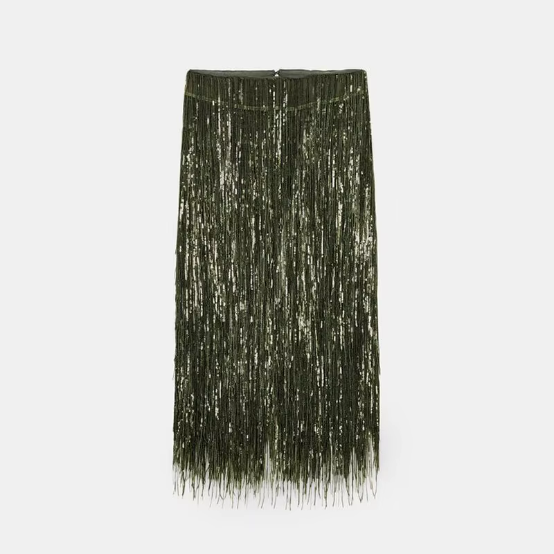 Jupe mi-longue à franges à paillettes vert Olive scintillant, jupes de fête amples pour femmes, mode