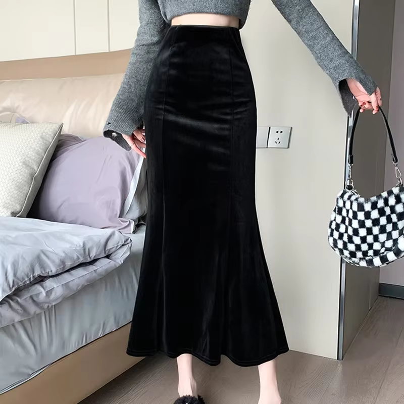 Jupes longues en velours noir élégantes pour femmes 2026, décontractées, taille haute, faldas sexy m