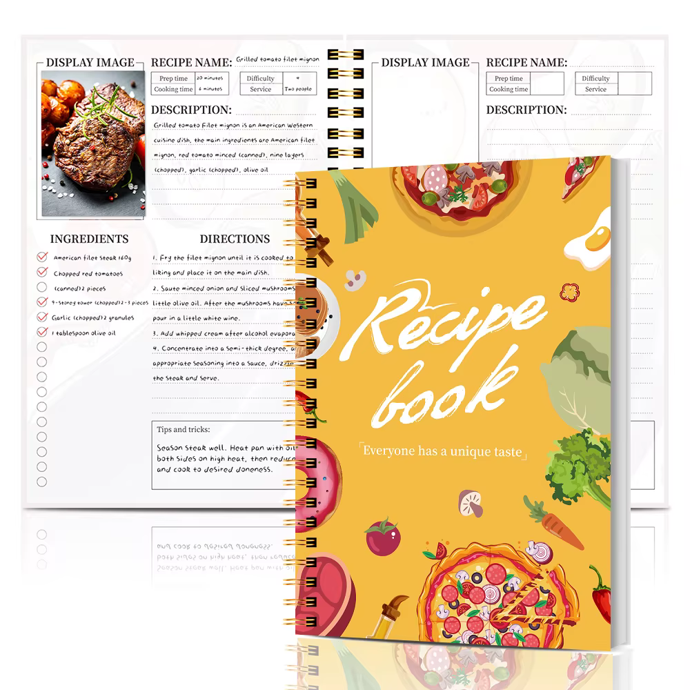 Livre de recettes A5 avec pages couleur, reliure spirale, sections d'ingrédients et de étapes, journ