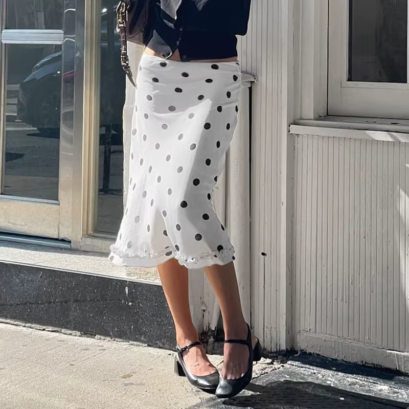 Jupe mi-longue en tulle double couche pour femme, motif à pois, ourlet festonné en picot, jupe en ma