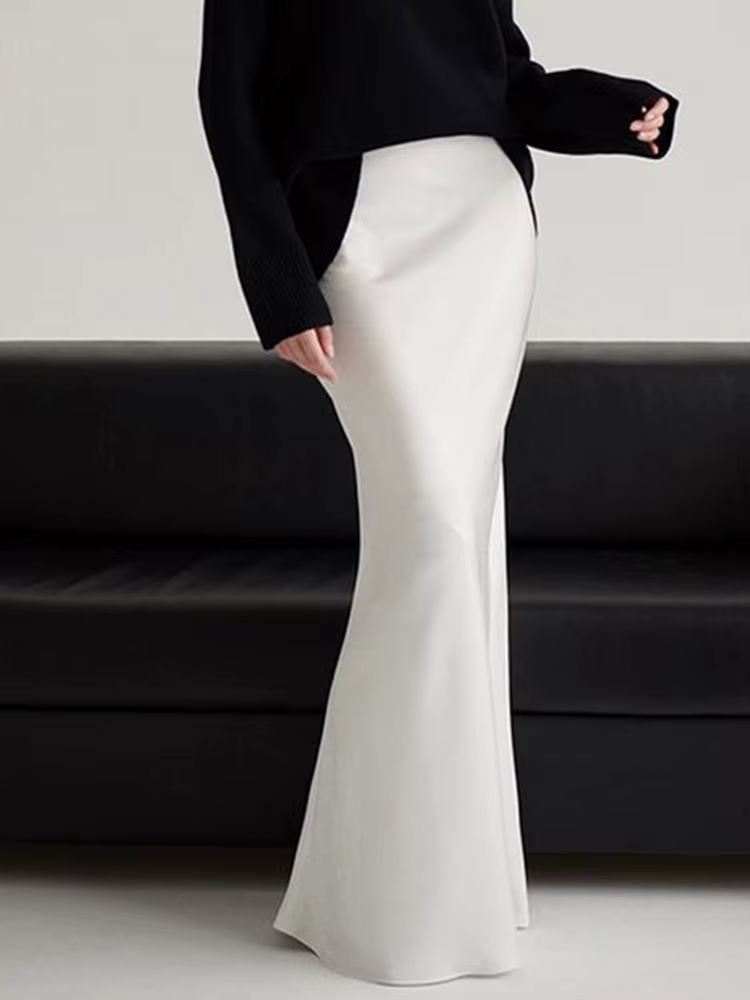 Jupe longue élégante en satin blanc pour femme, taille haute unie, coupe sirène, maxi jupe décontrac