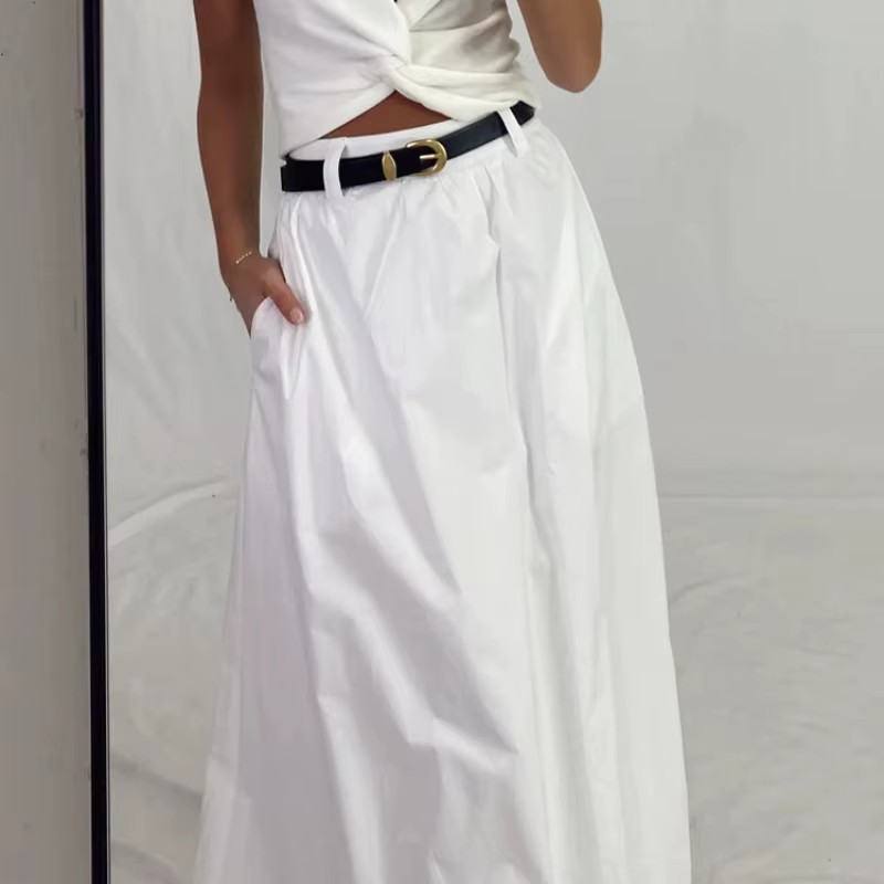 Jupe mi-longue en coton français, style décontracté printemps-été 2026, coupe ample taille haute en 