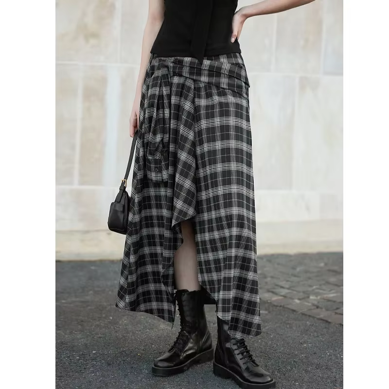 Jupe mi-longue à carreaux noirs et blancs irréguliers pour femmes, nouvelle mode printemps 2025, jup