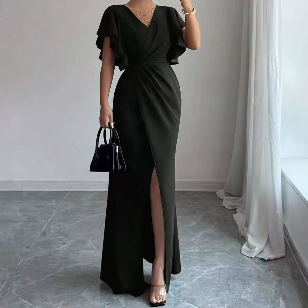 Robes pour femmes 2026 – Élégante robe longue sirène à volants, couleur unie, col en V, taille ajust