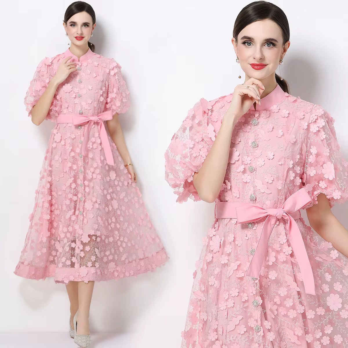 Robes de soirée en tulle brodées de fleurs 3D de luxe pour femmes, manches bouffantes, boutonnées, a