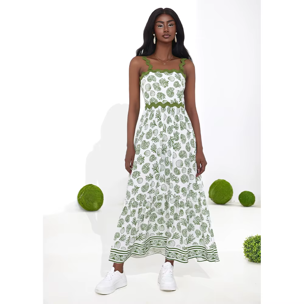 Robe longue imprimée verte Phantasy Fashion pour femme, élégante, taille haute, style bohème, street