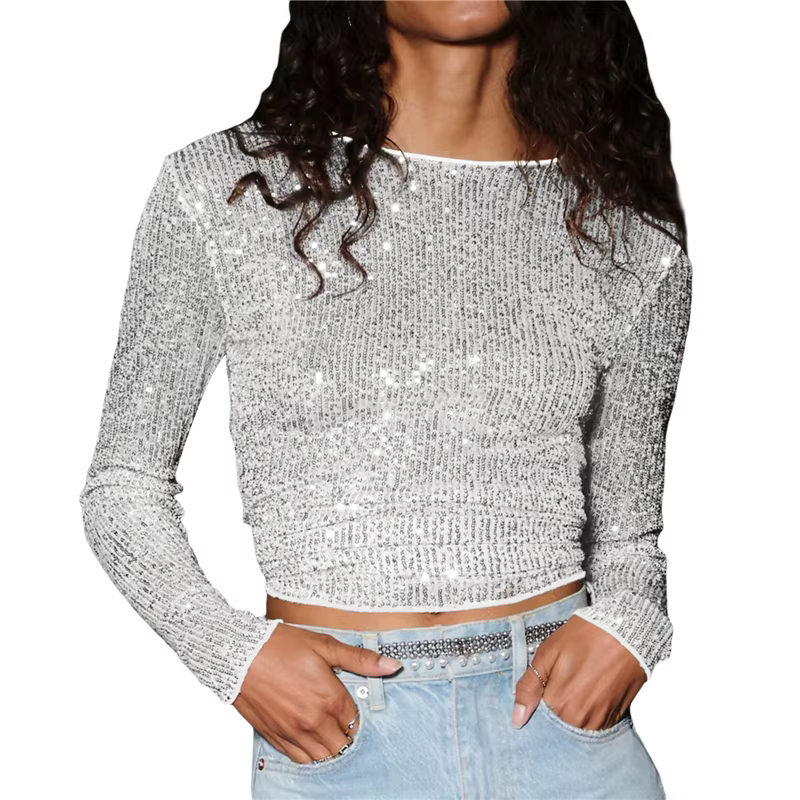 Haut court à manches longues pailletées pour femmes, col rond, paillettes brillantes, t-shirt de soi