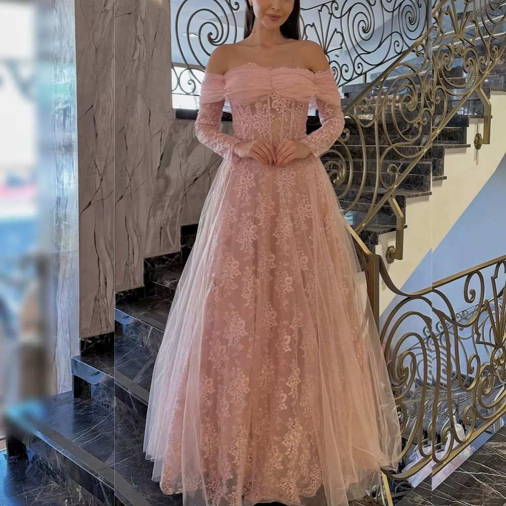 Robes longues plissées en dentelle personnalisées, élégantes, à épaules dénudées, coupe trapèze, pou
