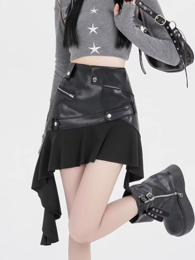Jupe irrégulière en cuir PU pour femme, bord à volants, ligne A, hanche vers le haut, mini jupe trap