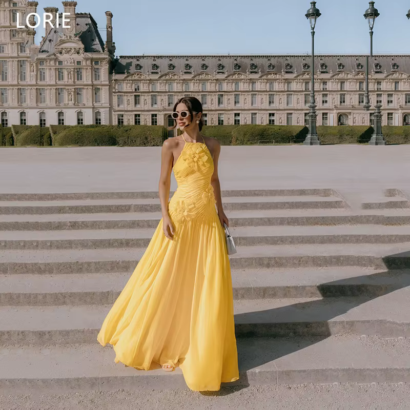 LORIE – robe de soirée trapèze jaune, col licou, plissée à fleurs, élégante, en mousseline de soie, 