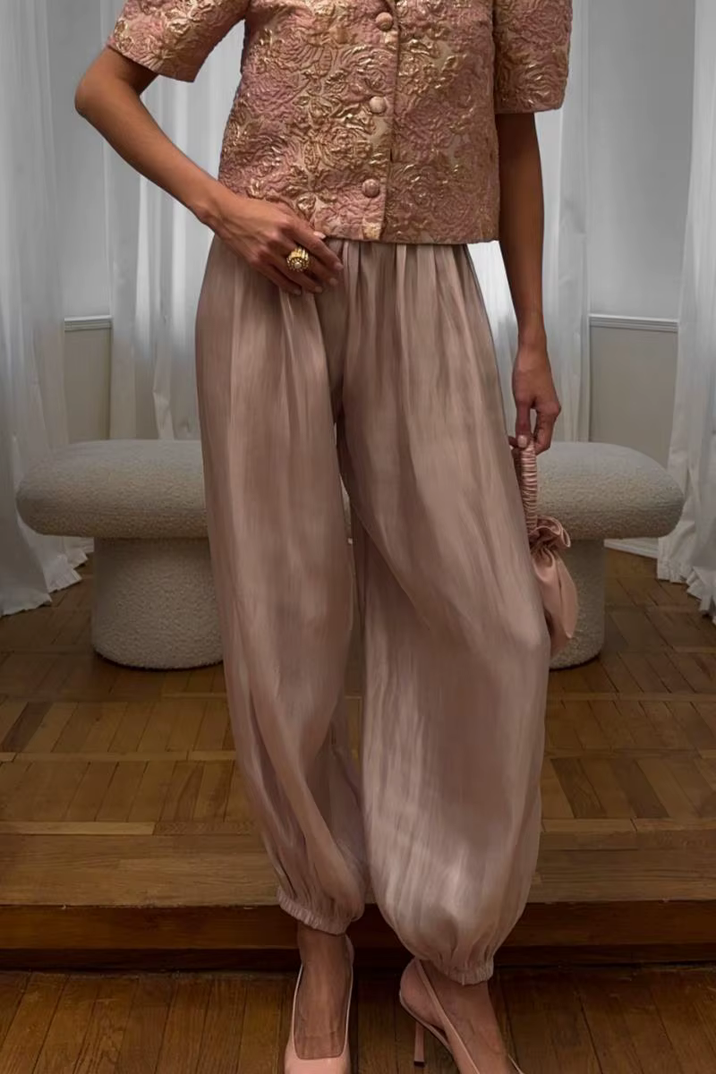 Pantalon Lanterne en Satin Brillant pour Femme – Ample, Décontracté, Élégant, Tendance Commuter, Lon