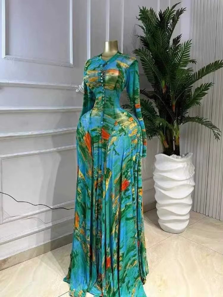 Robes longues maxi pour femmes rondes, col rond, robe printemps-été, taille cintrée, imprimé floral,