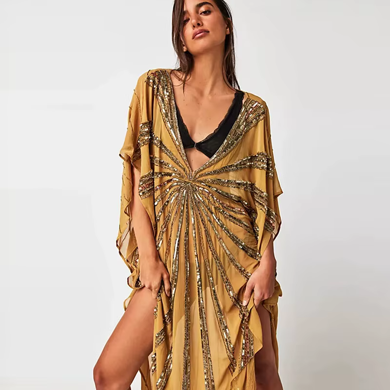 Robe longue femme tendance à sequins, col en V ample, manches chauve-souris, fente latérale, collect