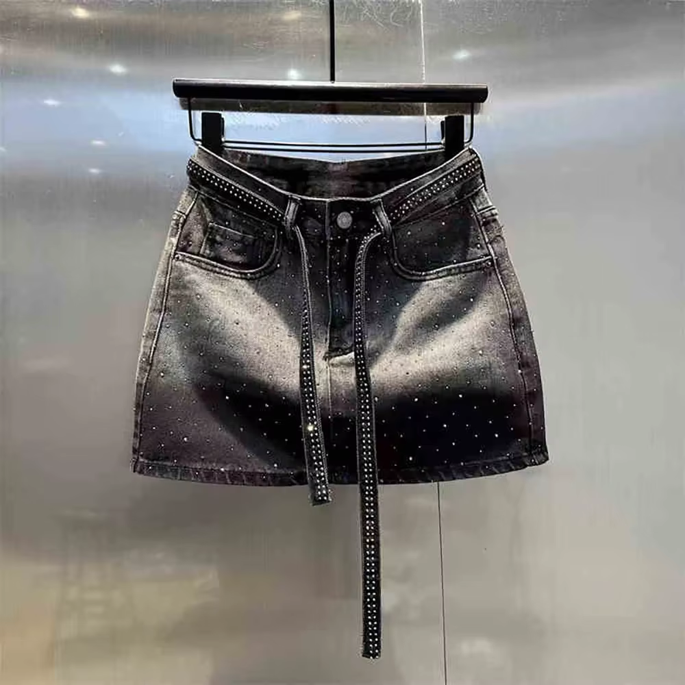 Mini jupe en Jean surdimensionnée rétro diamant pour femmes, taille haute, rivets brillants, jupes S
