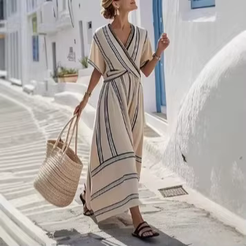 Robe rayée à col en V pour femme, robe d'été décontractée fluide à volants, robe midi évasée