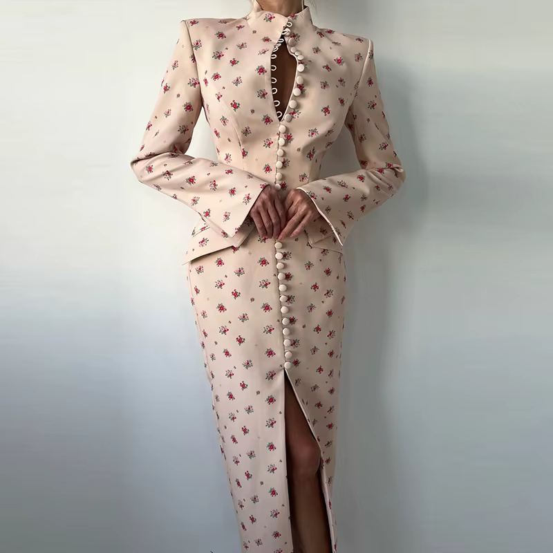 Robe longue élégante pour femme à boutons imprimés, taille cintrée, épaulettes, col montant, fente, 