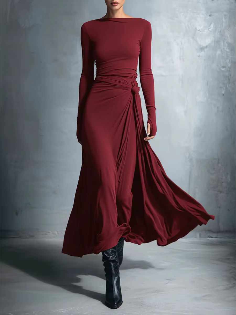 Robe longue élégante de couleur unie pour femmes, avec manches décoratives, style européen et améric