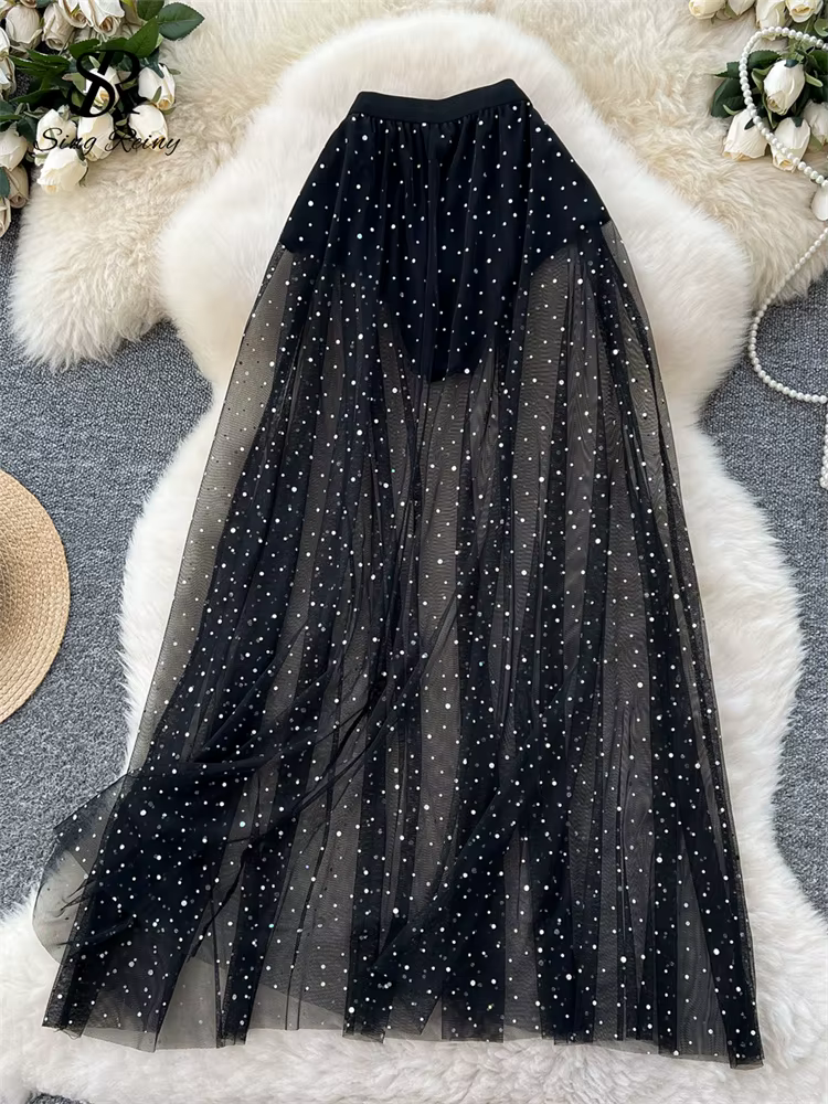 SINGREINY mode paillettes maille jupe taille haute mince pure 2025 femmes été doux tenue extérieure
