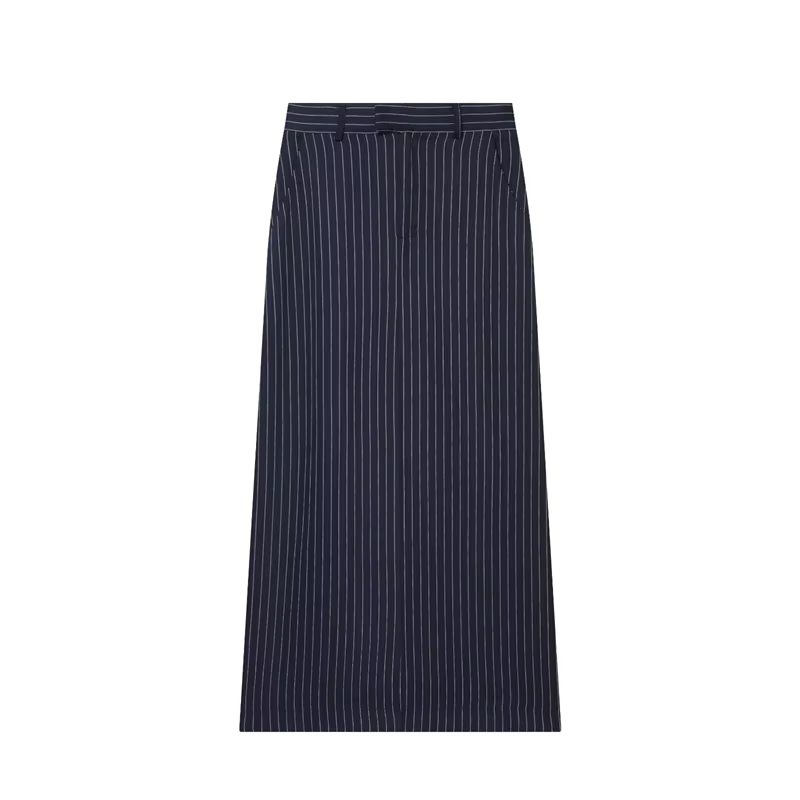 Jupe trapèze longue pour femme, nouvelle collection été 2026, bleu marine rayée, taille haute, fendu