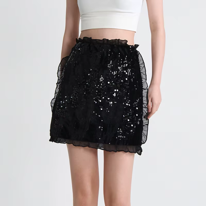 Nouvelle jupe à paillettes 2026 nouvelle mode tempérament dentelle taille haute mince mode polyvalen