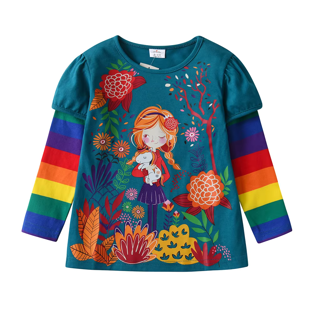 Filles à manches longues manches bouffantes t-shirt enfants arc-en-ciel lapin poupée florale princes