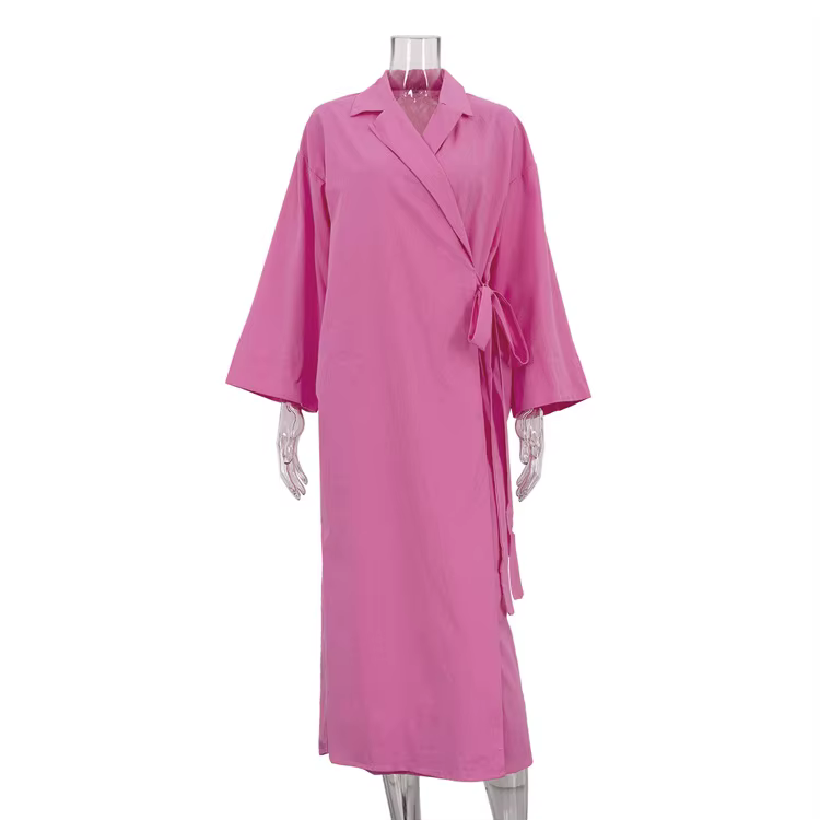 Nouvelle robe longue rose en coton à revers et manches longues avec lacets, coupe ample et décontrac