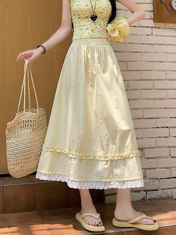 Jupe longue taille haute style coréen pour femme, été 2026, jaune, avec dentelle douce, coupe parapl