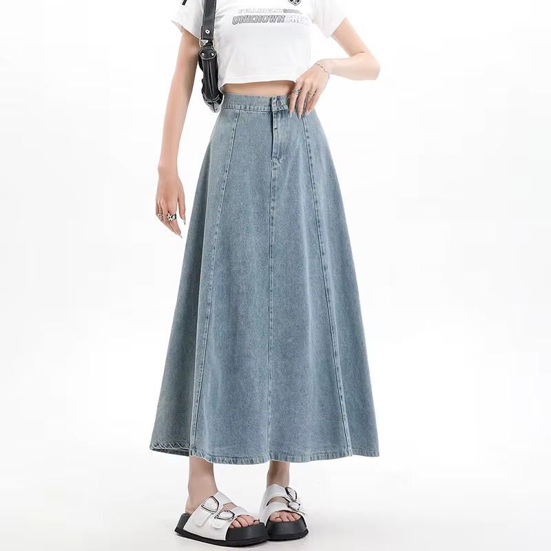 Jupe longue en jean pour femme, taille haute élastique, ligne A, mode coréenne, décontractée, bleu, 
