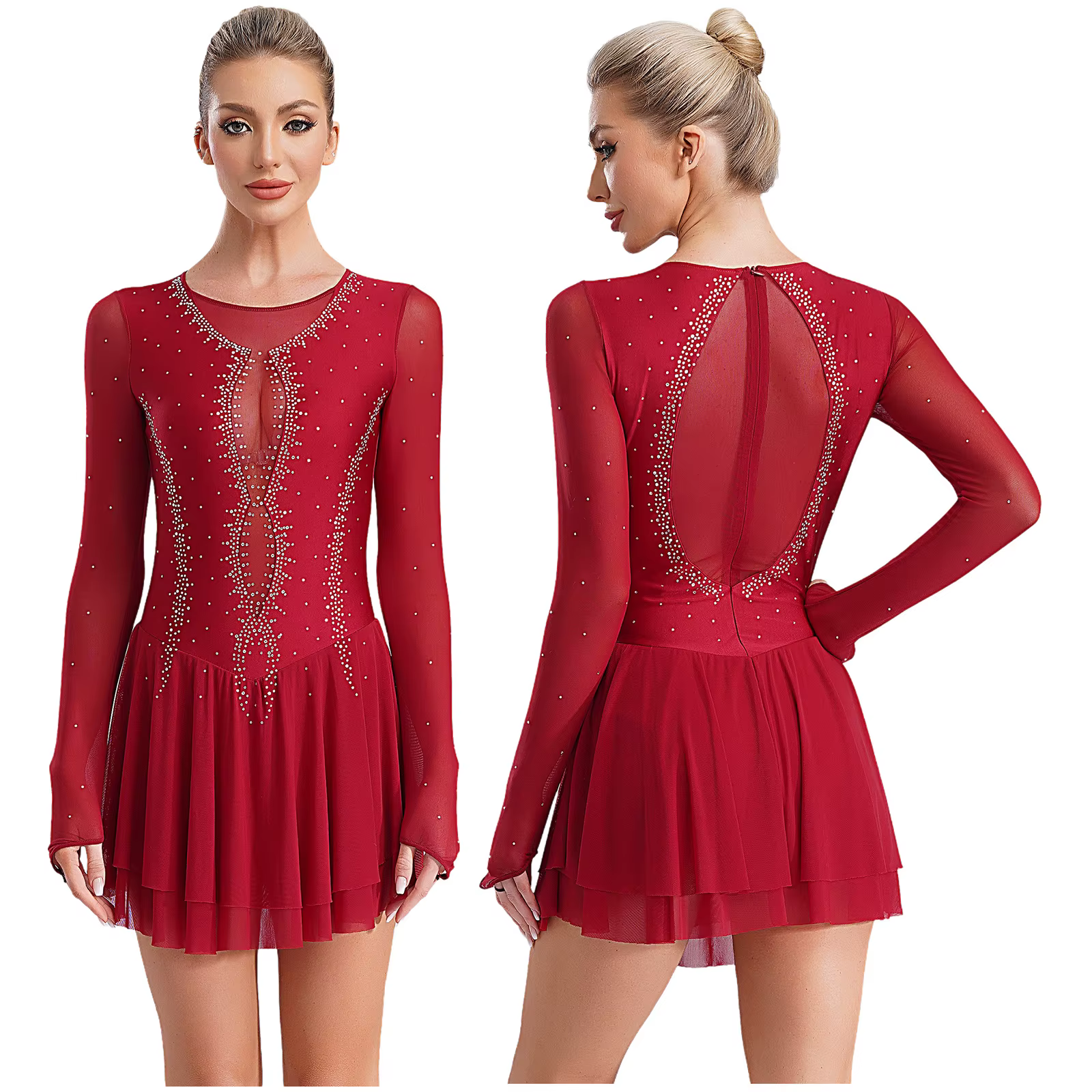 Robe de danse lyrique pour femmes, jupe en mousseline de soie à manches longues, justaucorps, patina