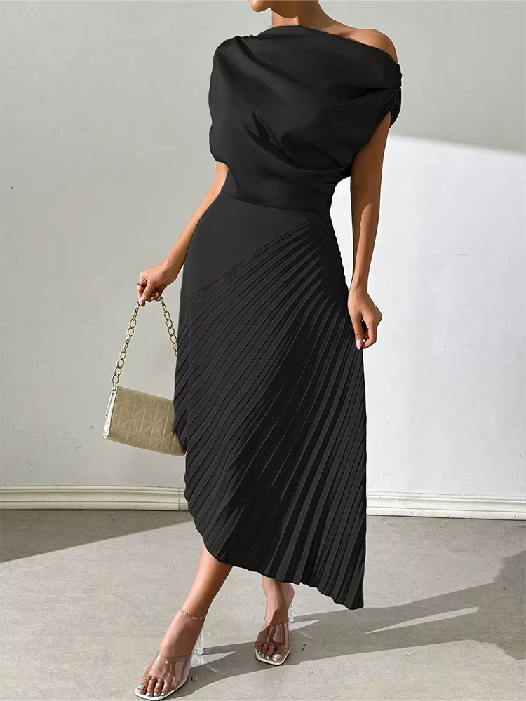 Robes longues plissées pour femmes, col asymétrique, plis diagonaux, coupe trapèze, robe longue maxi