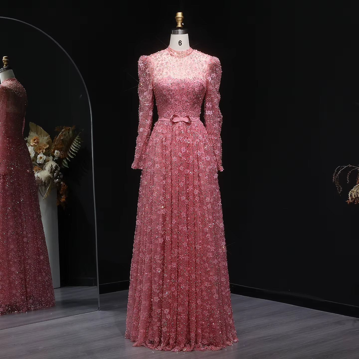 Robes de soirée longues à manches longues Sharon Said, roses, ornées de fleurs 3D, ceinture à nœud,