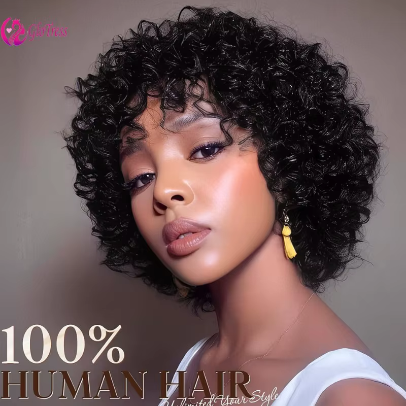 12A cheveux humains courts Pixie bouclés frange perruques pour femmes 6 pouces couleur naturelle ple