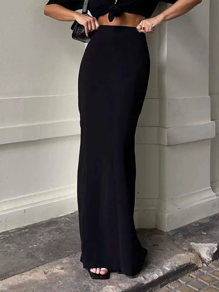 Mode noir longues jupes droites pour les femmes taille haute mince sans couture élégante dames robe