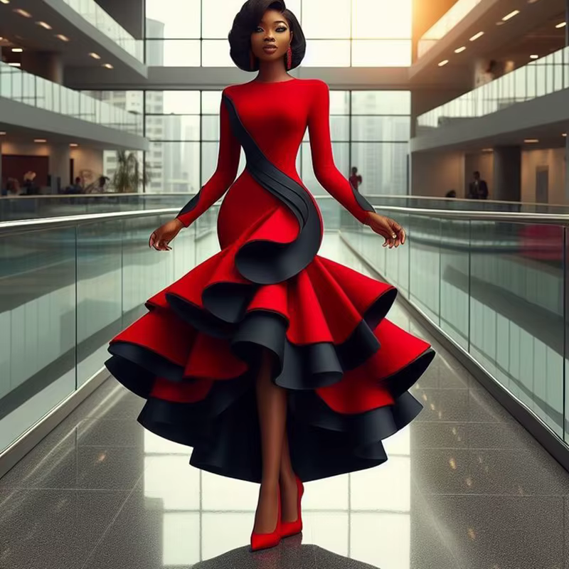 Robe De soirée sirène rouge et noire, manches longues, froncée, haute et basse, longueur thé, Robe D