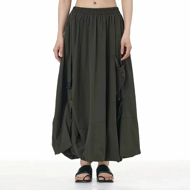 Jupe mi-longue trapèze EAM à taille haute élastique, kaki, avec boucle et cordon de serrage, pour fe