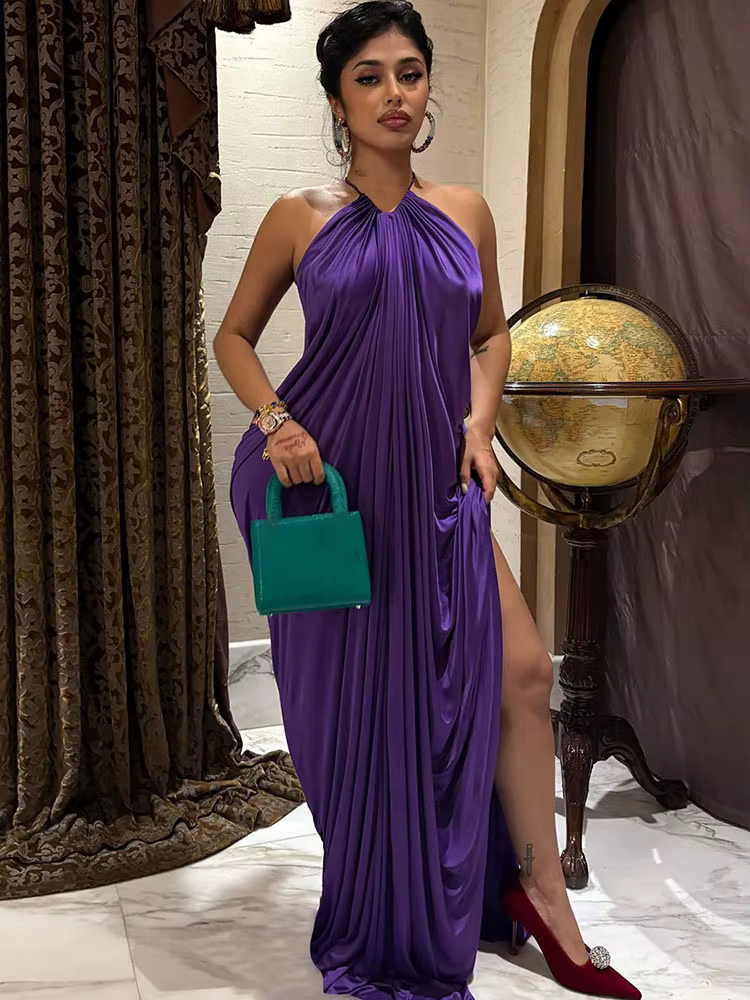 Kliou – Robe longue froncée élégante pour femmes, col rond, épaules dénudées, slim, extensible, mi-n