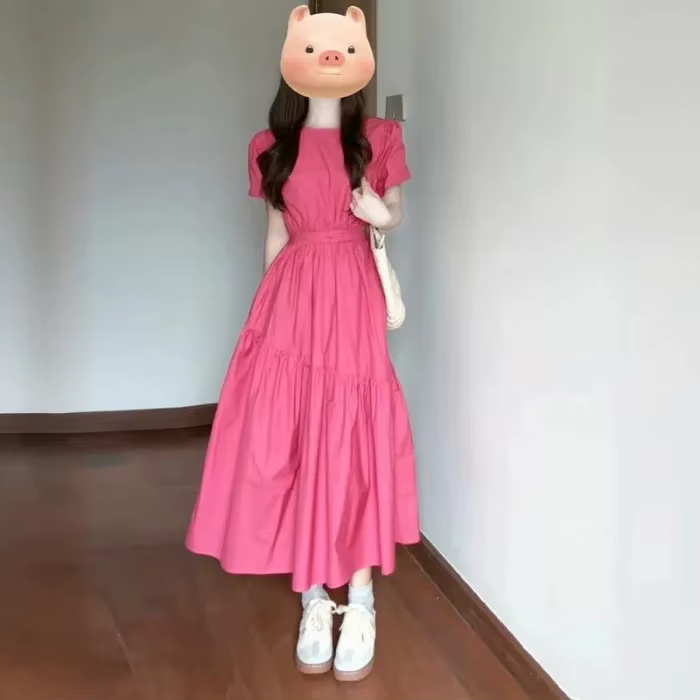 Robe longue rose à manches bulles pour femmes, mode été 2021, petite taille, élégance française, tai