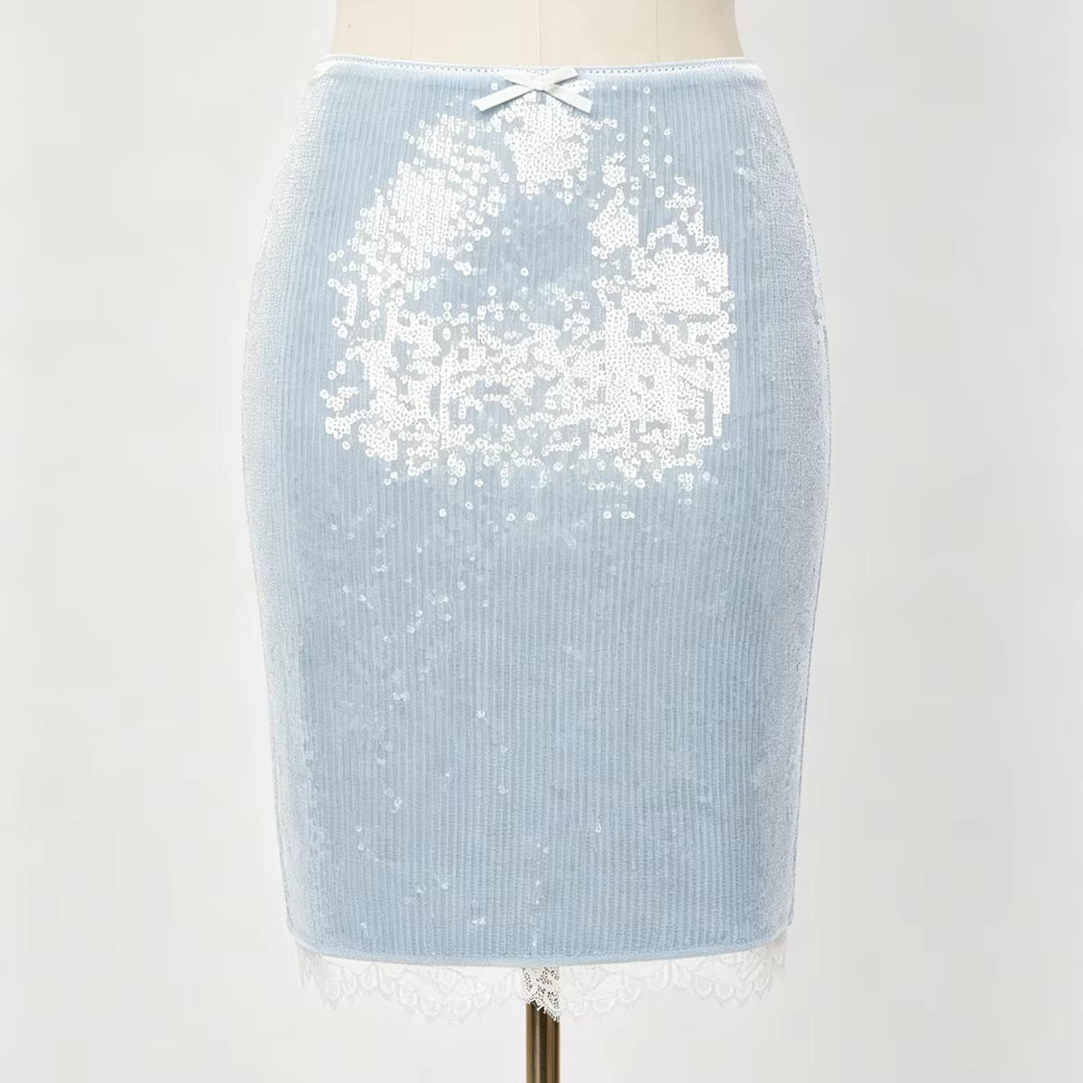 Jupe crayon taille haute LIMO pour femme, motif cœur, sequins, nœud décoratif, ourlet en dentelle, m