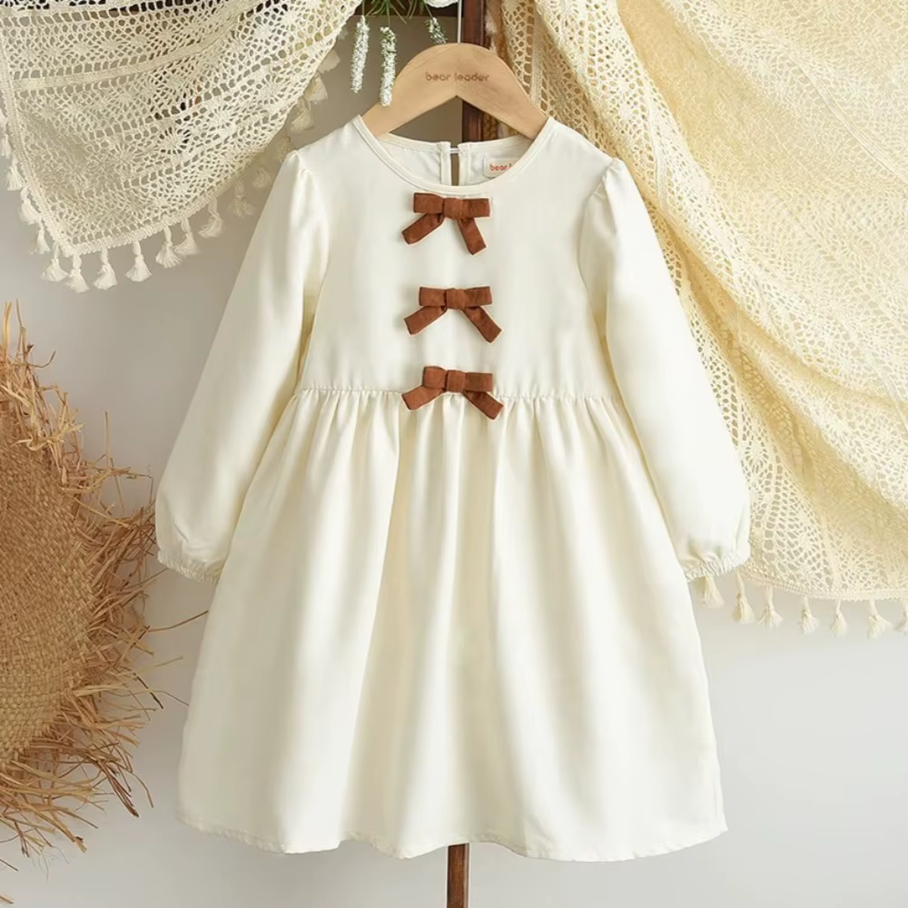 Robes décontractées beiges pour filles, automne, manches longues, décoration avec nœud, robe de prin