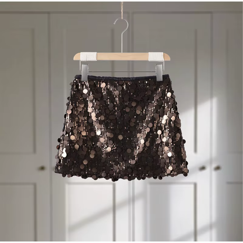 Mini-jupe sirène chic taille haute évasée à sequins irisés style Y2K pour femme, collection été 2026