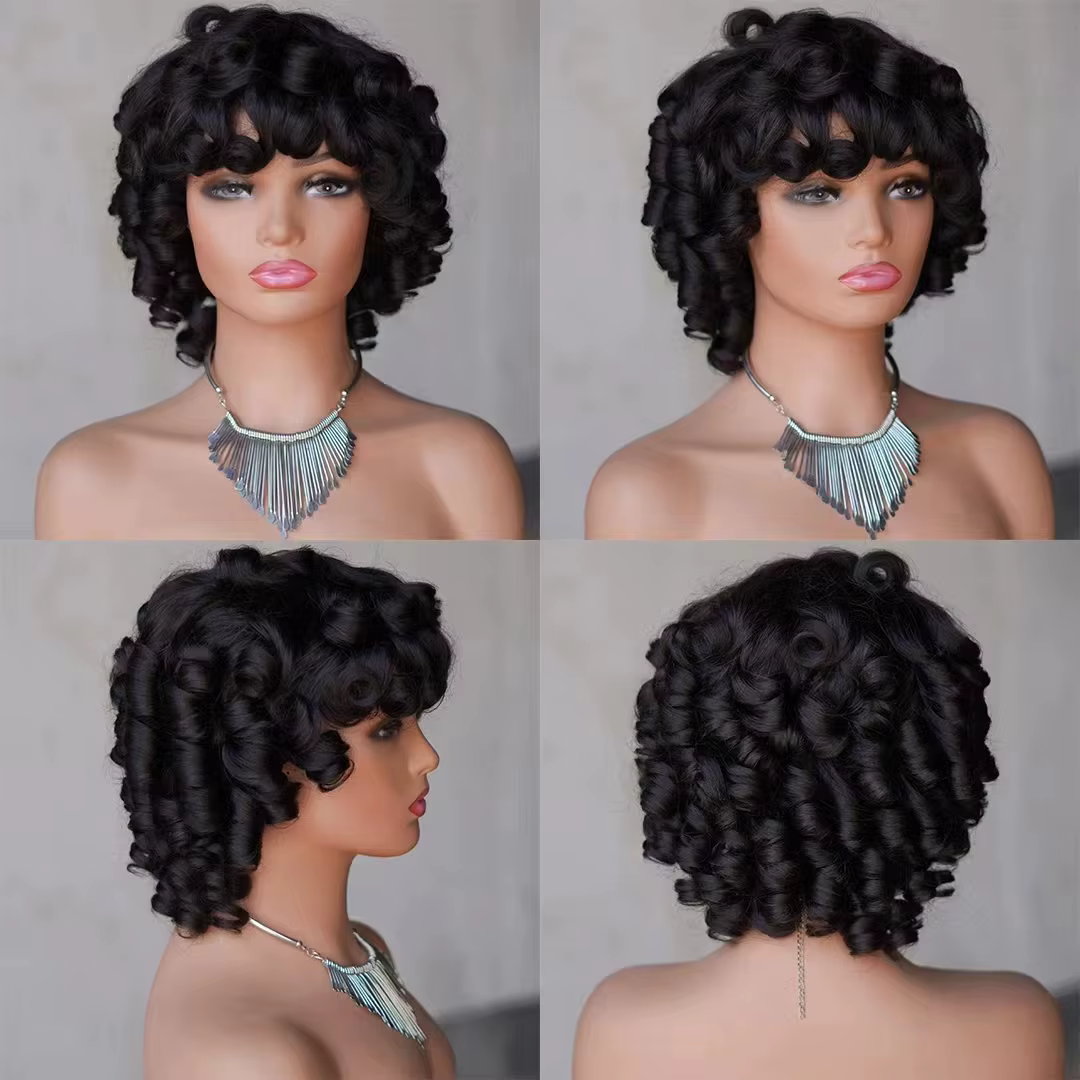 Funmi-Perruque Bob Courte Bouclée avec Frange pour Femme, Cheveux Naturels Vietnamiens, Prêt à vitat