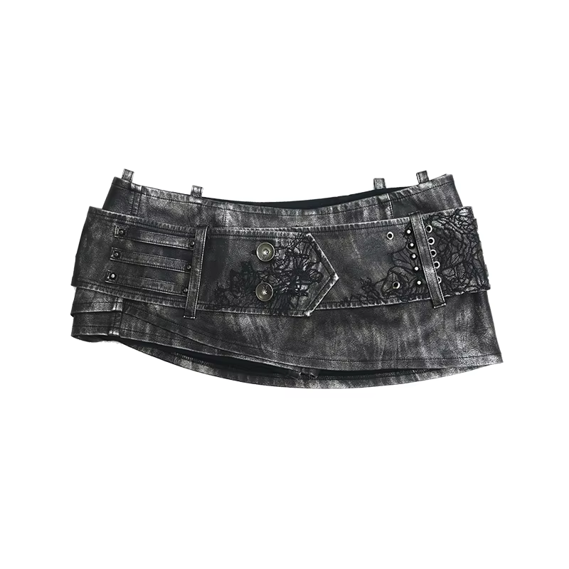 Jupe courte en cuir PU vieilli Lautaro Printemps-Été pour femme avec ceinture brodée et rivets, styl
